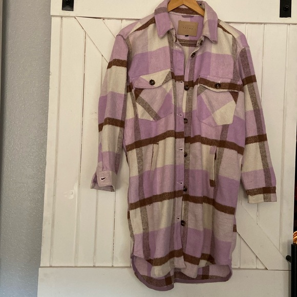 Blank NYC Flannel Long Shacket Size Women’s Small Lavender Brown White Plaid - Picture 1 of 5